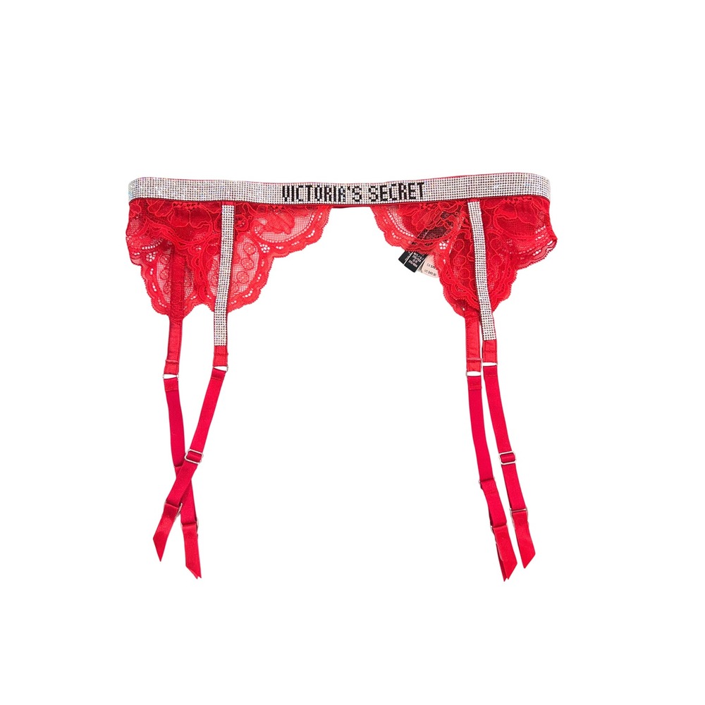 Victoria's Secret Shine Strap Garter Belt M/L Red Excellent Rhinestone Lace